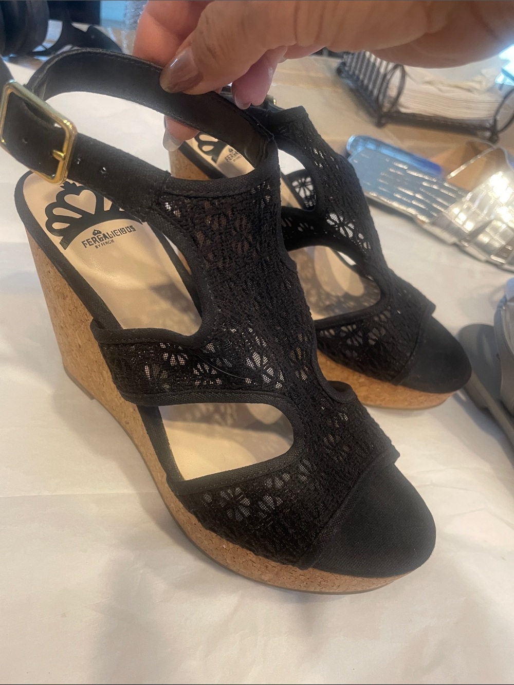 Salvatore Ferragamo Black Lace Cork Wedge Sandals